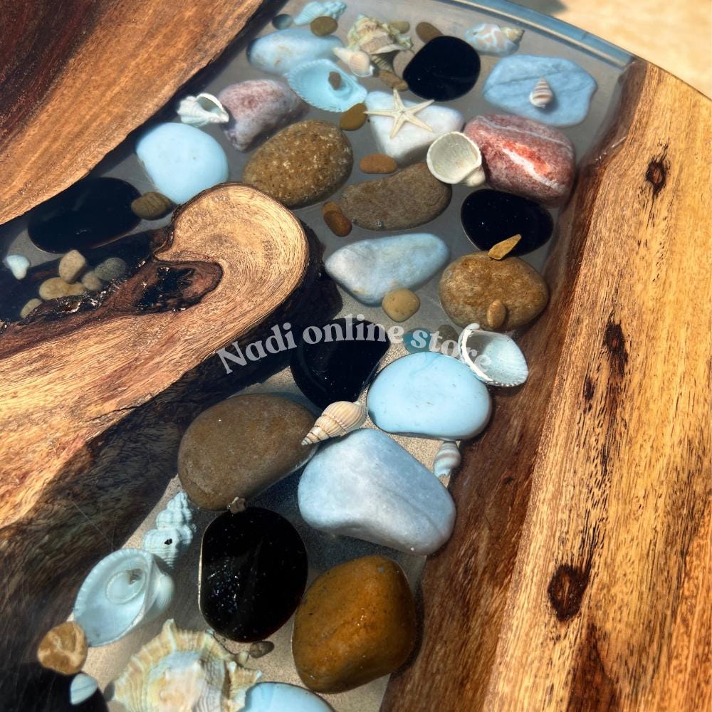 Epoxy resin pebble river coffee table, custom resin live edge table, round end table with legs, living room center table, wood and epoxy table