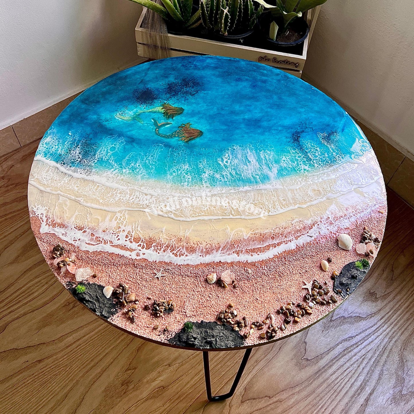 Resin ocean coffee table with metal legs, beach themed end table, crashing waves bedside nightstand, blue epoxy beach house table