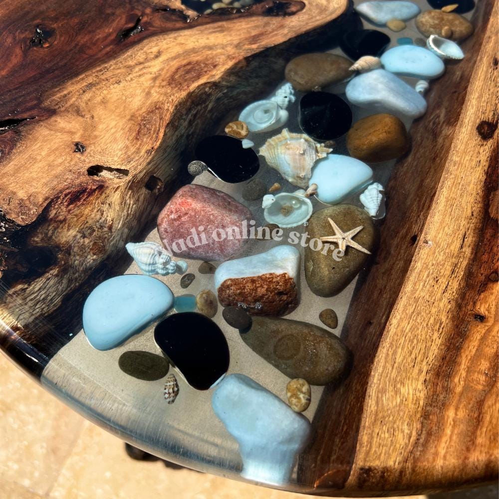 Epoxy resin pebble river coffee table, custom resin live edge table, round end table with legs, living room center table, wood and epoxy table