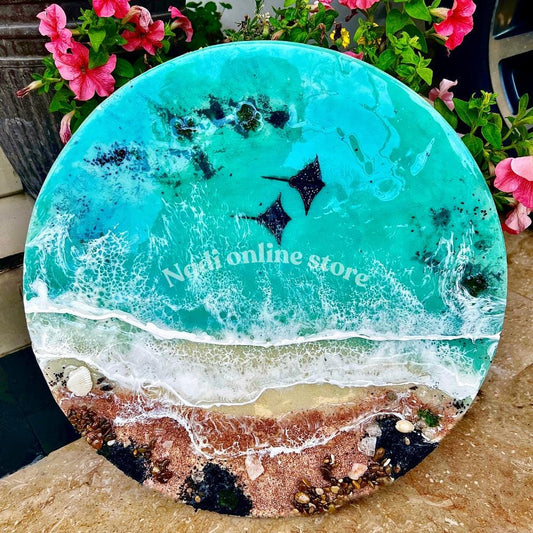 Resin ocean coffee table with metal legs, beach themed end table, crashing waves bedside nightstand, blue epoxy beach house table
