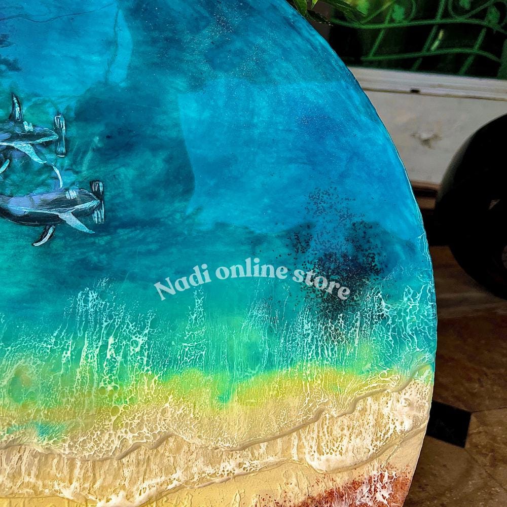 Resin ocean coffee table with metal legs, beach themed end table, crashing waves bedside nightstand, blue epoxy beach house table