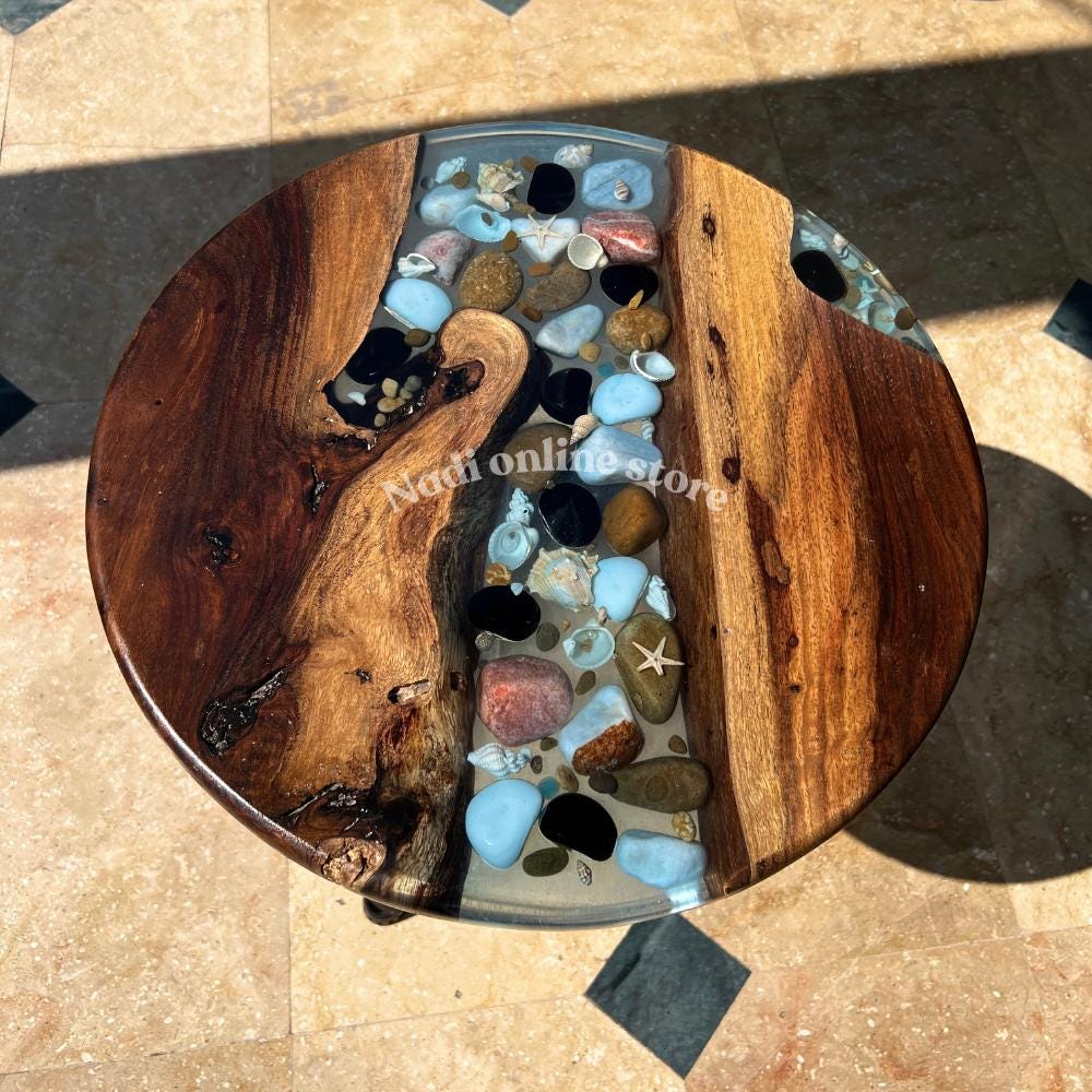 Epoxy resin pebble river coffee table, custom resin live edge table, round end table with legs, living room center table, wood and epoxy table