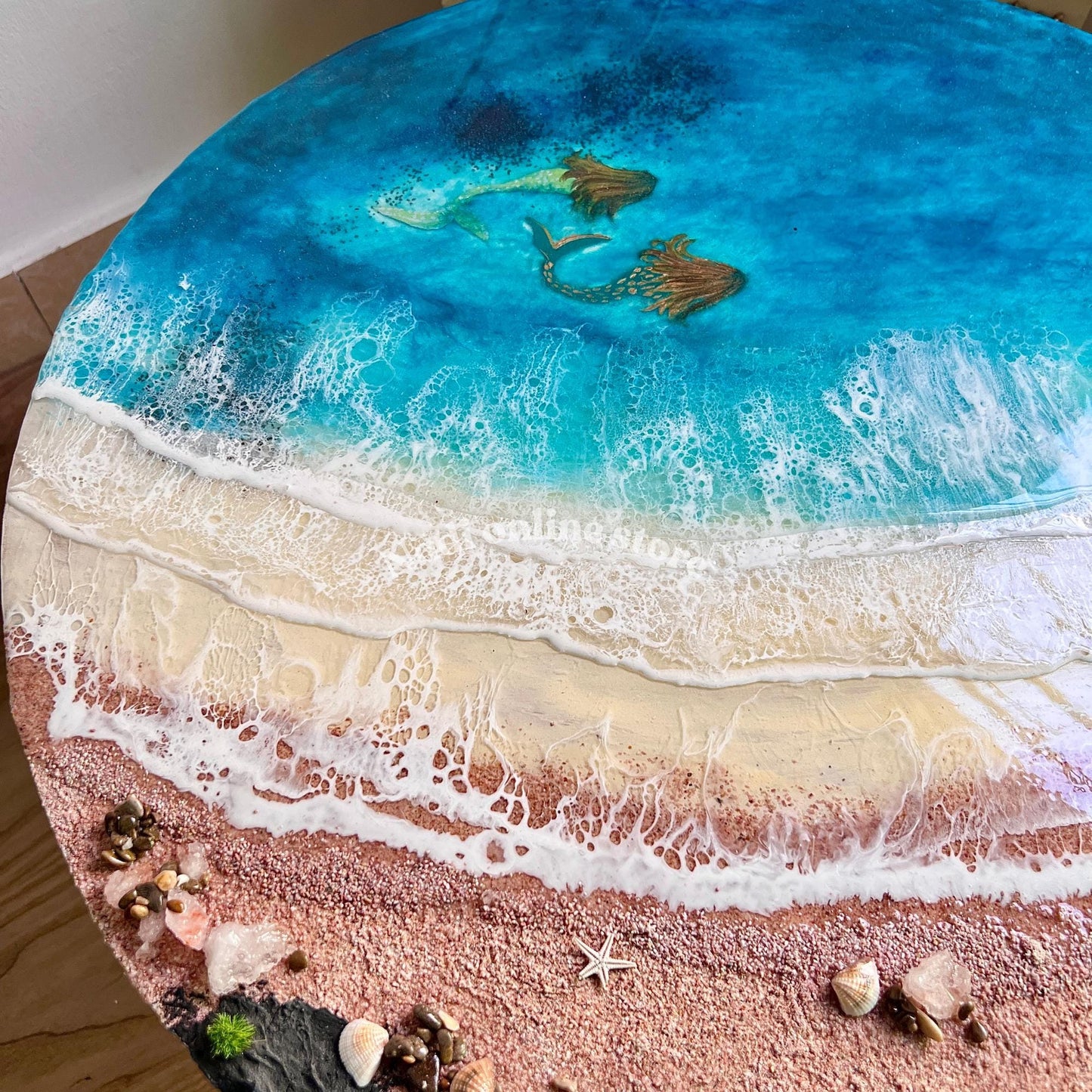 Resin ocean coffee table with metal legs, beach themed end table, crashing waves bedside nightstand, blue epoxy beach house table