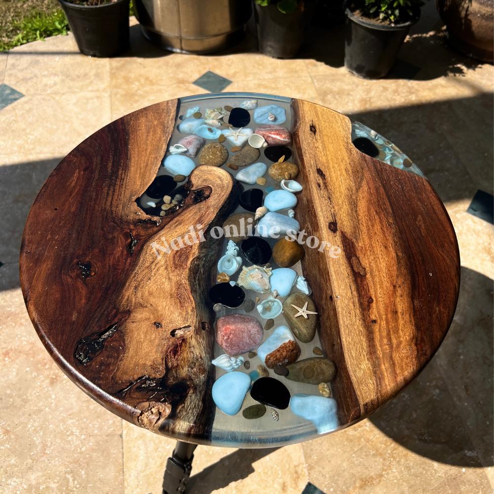 Epoxy resin pebble river coffee table, custom resin live edge table, round end table with legs, living room center table, wood and epoxy table