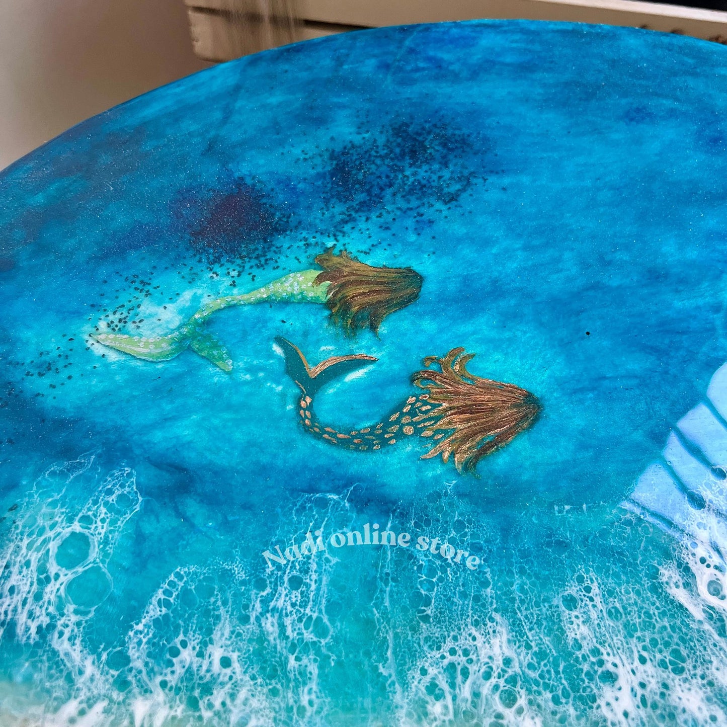 Resin ocean coffee table with metal legs, beach themed end table, crashing waves bedside nightstand, blue epoxy beach house table