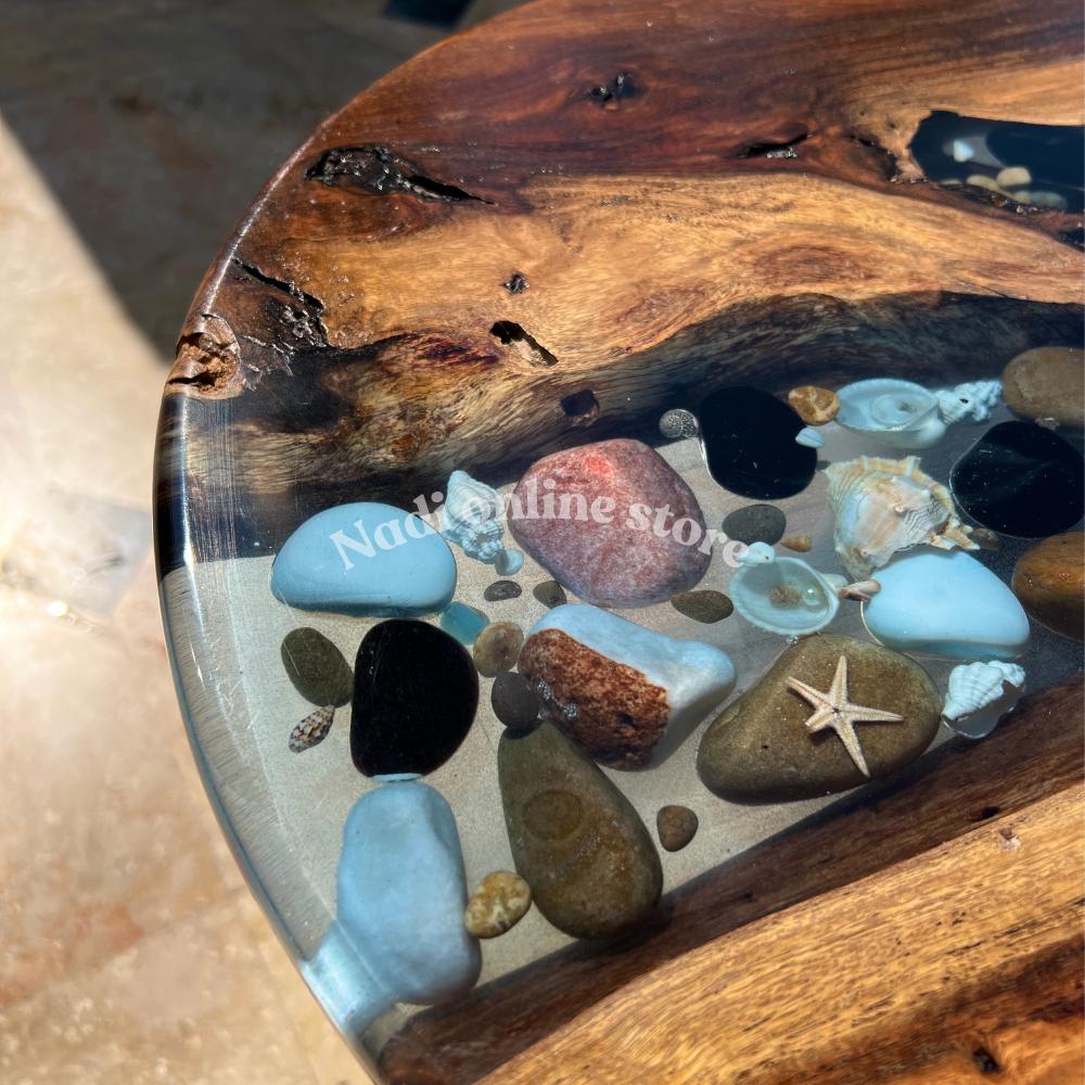 Epoxy resin pebble river coffee table, custom resin live edge table, round end table with legs, living room center table, wood and epoxy table