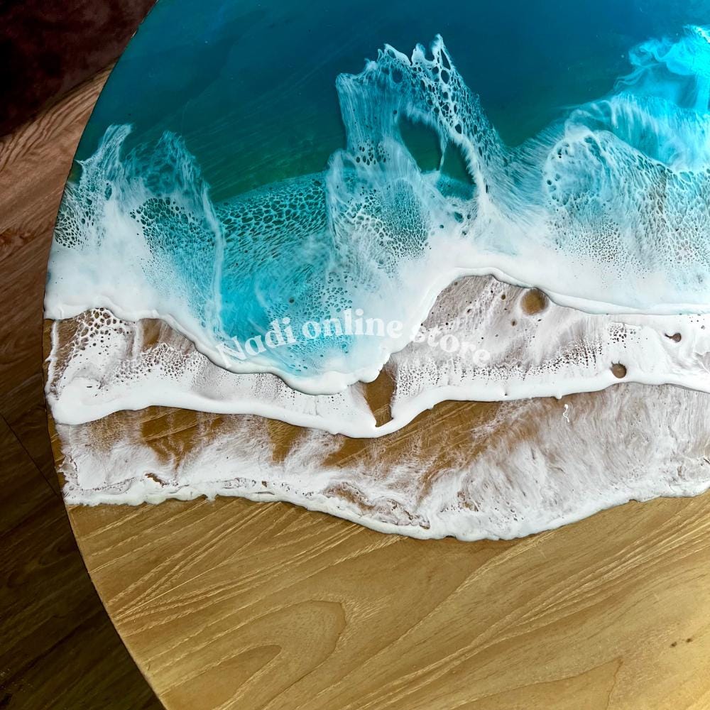 Resin ocean coffee table with metal legs, tropical beach themed end table, crashing waves bedside nightstand, blue epoxy beach house table