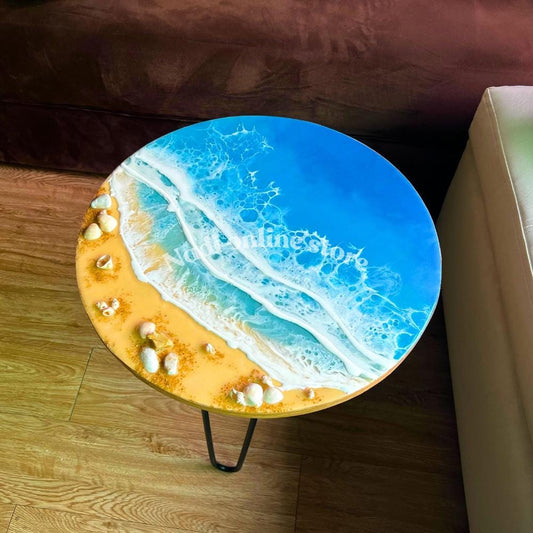 Resin ocean coffee table with metal legs, beach themed end table, crashing waves bedside nightstand, blue epoxy beach house table