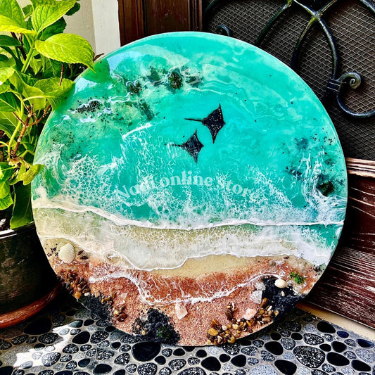 Resin ocean coffee table with metal legs, beach themed end table, crashing waves bedside nightstand, blue epoxy beach house table