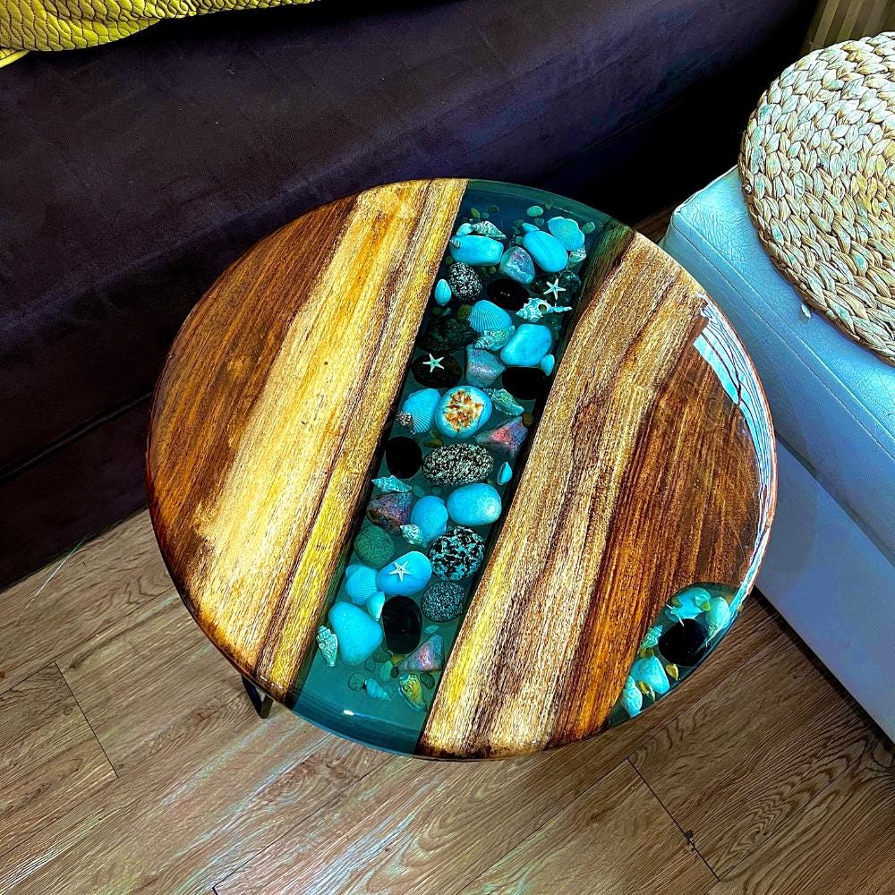 Epoxy resin pebble river coffee table, custom resin live edge table, round end table with legs, living room center table wood and epoxy table