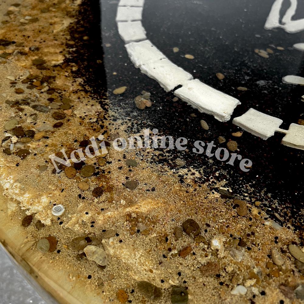 Dinosaur themed epoxy resin clear coffee table, ultra realistic fossil bedside nightstand, end table with metal legs, live edge pebble sand