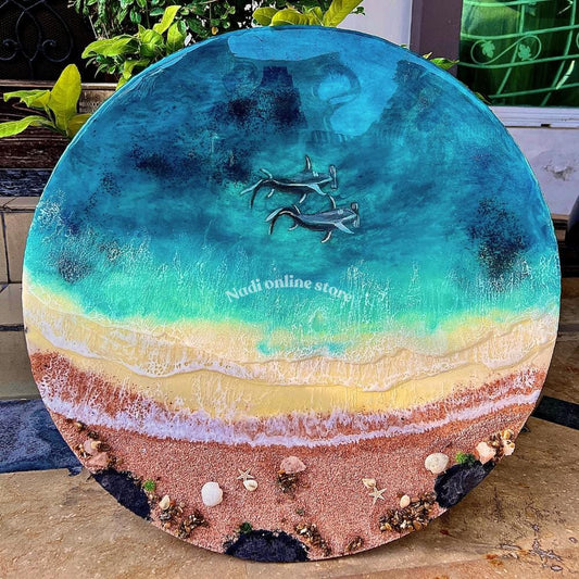 Resin ocean coffee table with metal legs, beach themed end table, crashing waves bedside nightstand, blue epoxy beach house table