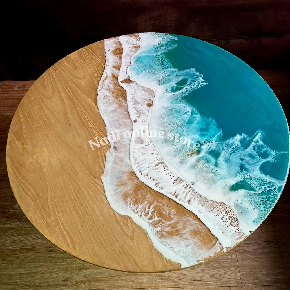Resin ocean coffee table with metal legs, tropical beach themed end table, crashing waves bedside nightstand, blue epoxy beach house table