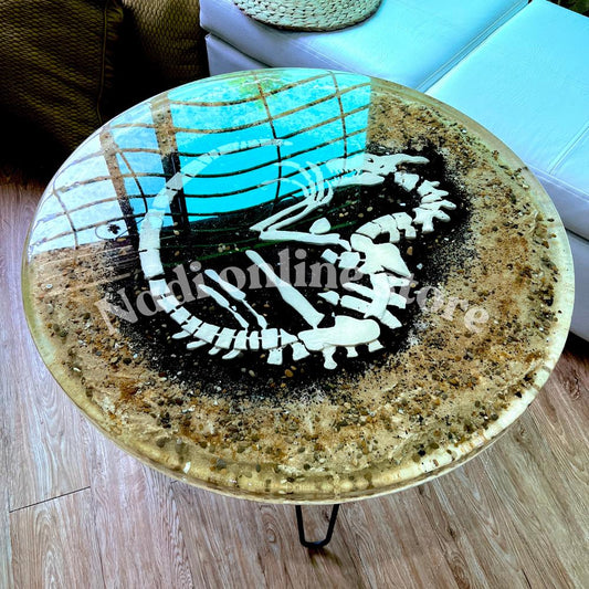 Dinosaur themed epoxy resin clear coffee table, ultra realistic fossil bedside nightstand, end table with metal legs, live edge pebble sand