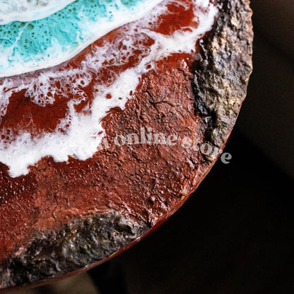 Resin ocean coffee table with metal legs, coastal beach themed end table, crashing wave bedside nightstand, green round epoxy beach house table