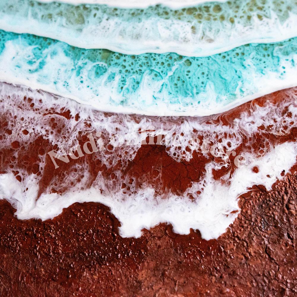 Resin ocean coffee table with metal legs, coastal beach themed end table, crashing wave bedside nightstand, green round epoxy beach house table