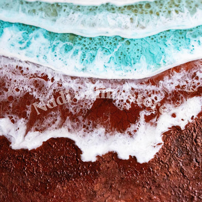 Resin ocean coffee table with metal legs, coastal beach themed end table, crashing wave bedside nightstand, green round epoxy beach house table