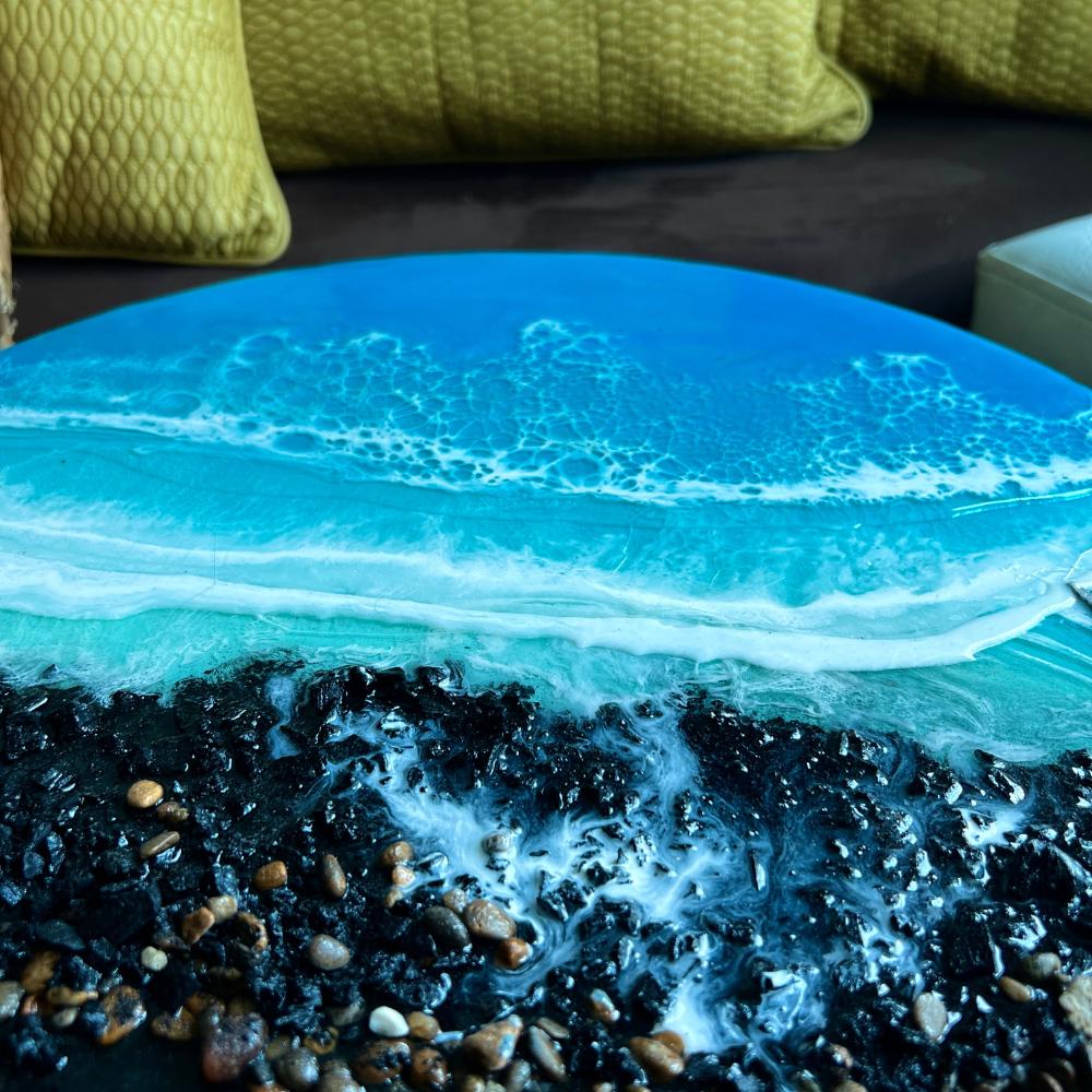 Resin ocean coffee table with metal legs, beach themed end table, crashing waves bedside nightstand, blue epoxy beach house table