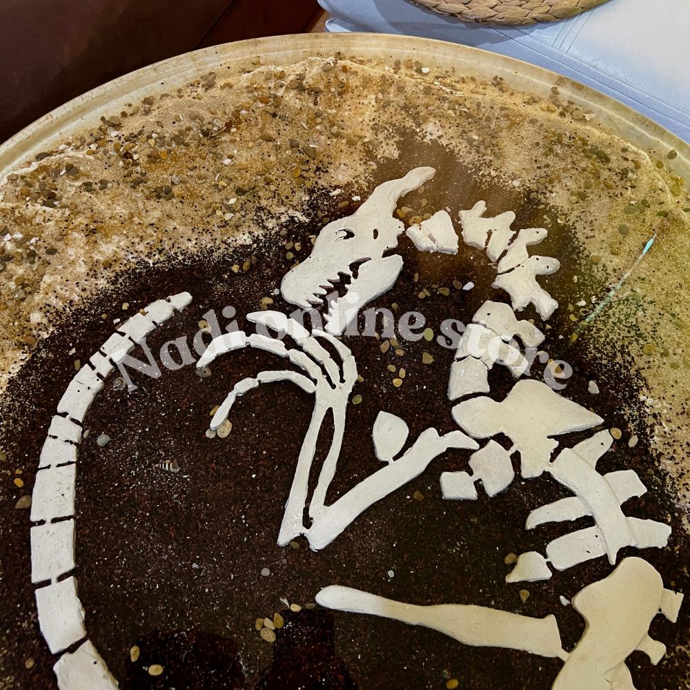 Dinosaur themed epoxy resin clear coffee table, ultra realistic fossil bedside nightstand, end table with metal legs, live edge pebble sand