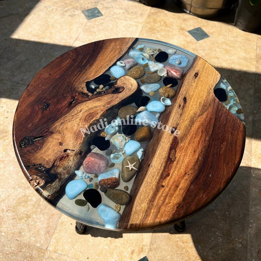 Epoxy resin pebble river coffee table, custom resin live edge table, round end table with legs, living room center table, wood and epoxy table