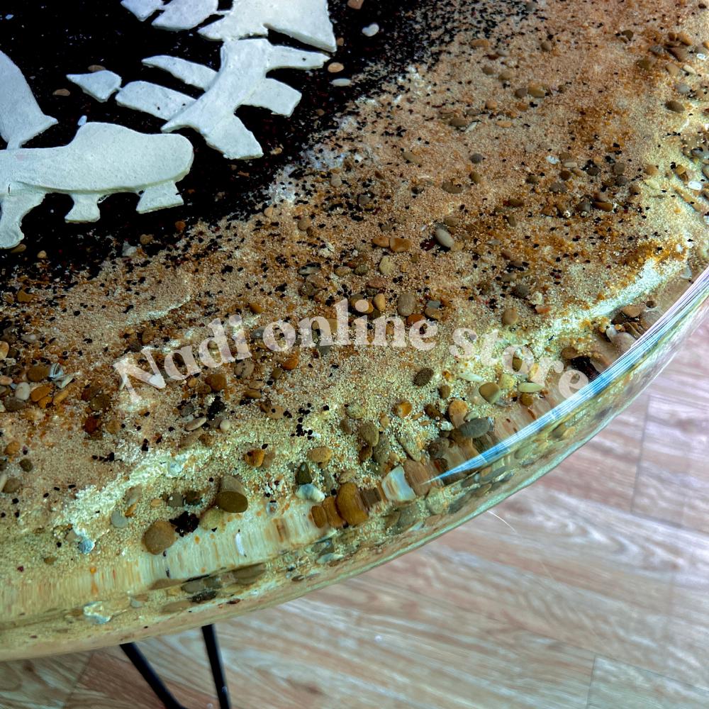 Dinosaur themed epoxy resin clear coffee table, ultra realistic fossil bedside nightstand, end table with metal legs, live edge pebble sand