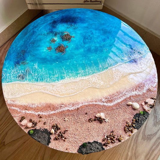 Resin ocean sea turtle coffee table with metal legs, beach themed end table, crashing waves bedside nightstand, blue epoxy beach house table