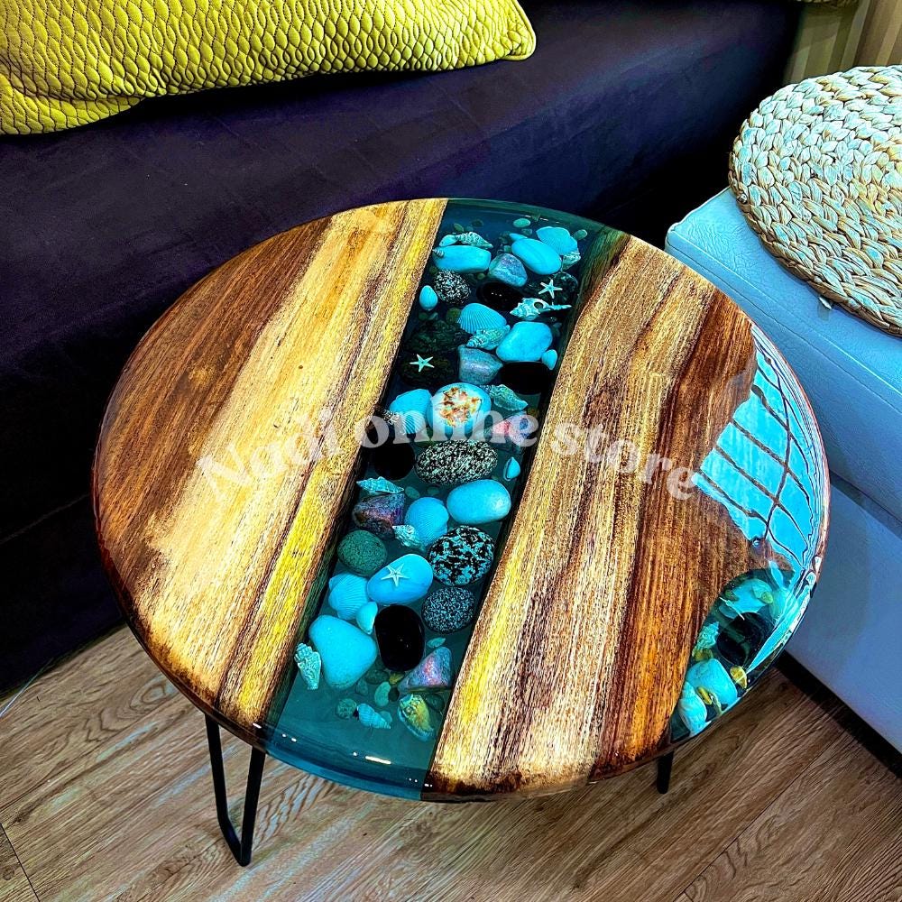 Epoxy resin pebble river coffee table, custom resin live edge table, round end table with legs, living room center table wood and epoxy table