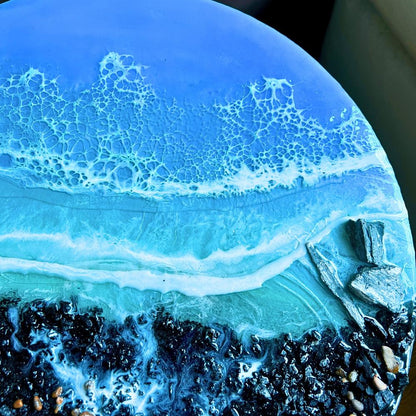 Resin ocean coffee table with metal legs, beach themed end table, crashing waves bedside nightstand, blue epoxy beach house table