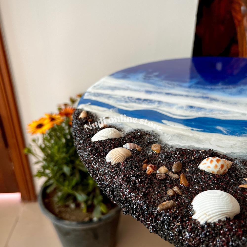 Resin ocean coffee table, blue beachy side table, custom epoxy side table, coastal waves and seashells table, round bedroom nightstand with legs