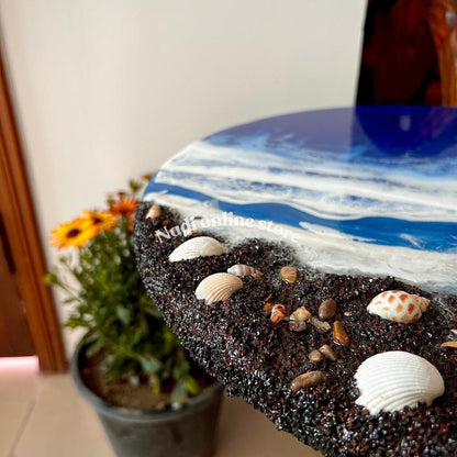 Resin ocean coffee table, blue beachy side table, custom epoxy side table, coastal waves and seashells table, round bedroom nightstand with legs