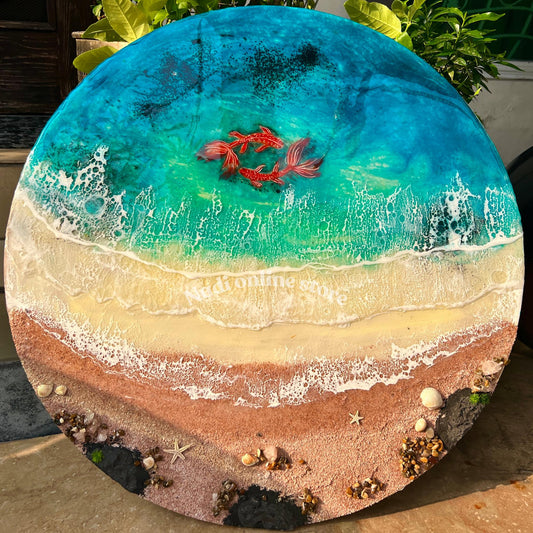 Resin ocean koi fish coffee table with metal legs, beach themed end table, crashing waves bedside nightstand, blue epoxy beach house table