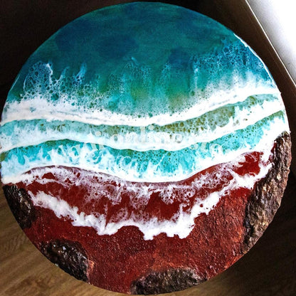 Resin ocean coffee table with metal legs, coastal beach themed end table, crashing wave bedside nightstand, green round epoxy beach house table