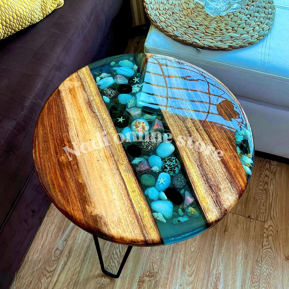 Epoxy resin pebble river coffee table, custom resin live edge table, round end table with legs, living room center table wood and epoxy table