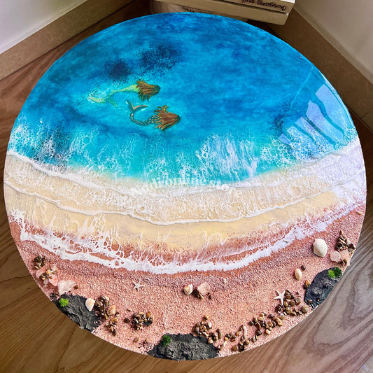 Resin ocean coffee table with metal legs, beach themed end table, crashing waves bedside nightstand, blue epoxy beach house table