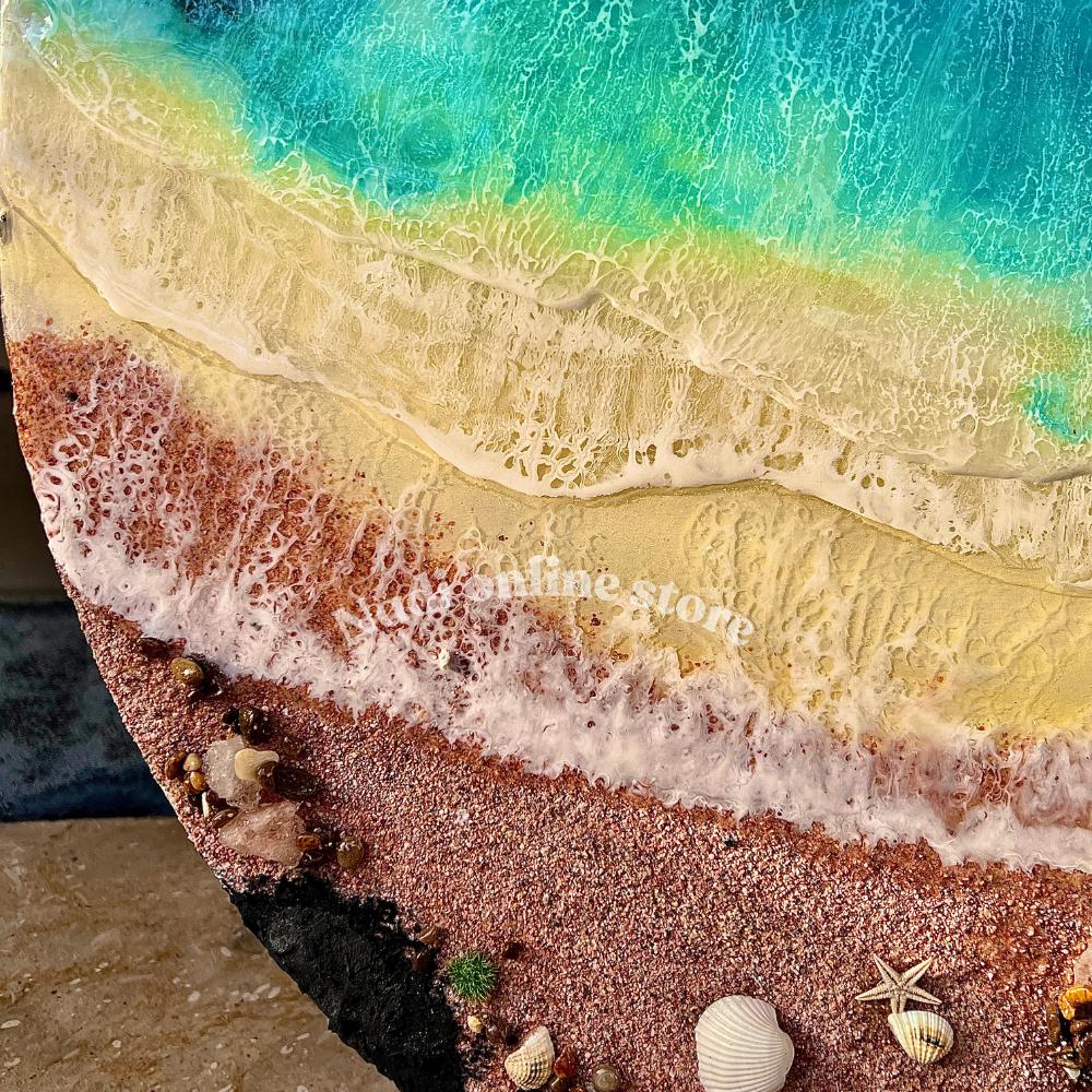 Resin ocean coffee table with metal legs, beach themed end table, crashing waves bedside nightstand, blue epoxy beach house table