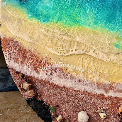 Resin ocean coffee table with metal legs, beach themed end table, crashing waves bedside nightstand, blue epoxy beach house table