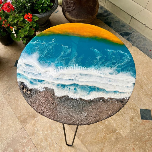Sunset resin ocean coffee table, round blue epoxy side table coastal themed end table, tropical resin art beach sand, custom resin center table