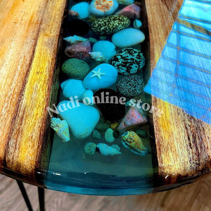 Epoxy resin pebble river coffee table, custom resin live edge table, round end table with legs, living room center table wood and epoxy table