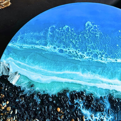Resin ocean coffee table with metal legs, beach themed end table, crashing waves bedside nightstand, blue epoxy beach house table