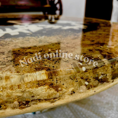 Dinosaur themed epoxy resin clear coffee table, ultra realistic fossil bedside nightstand, end table with metal legs, live edge pebble sand