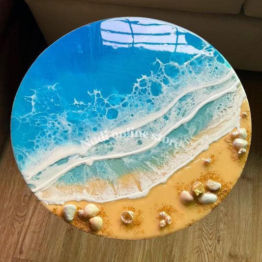 Resin ocean coffee table with metal legs, beach themed end table, crashing waves bedside nightstand, blue epoxy beach house table