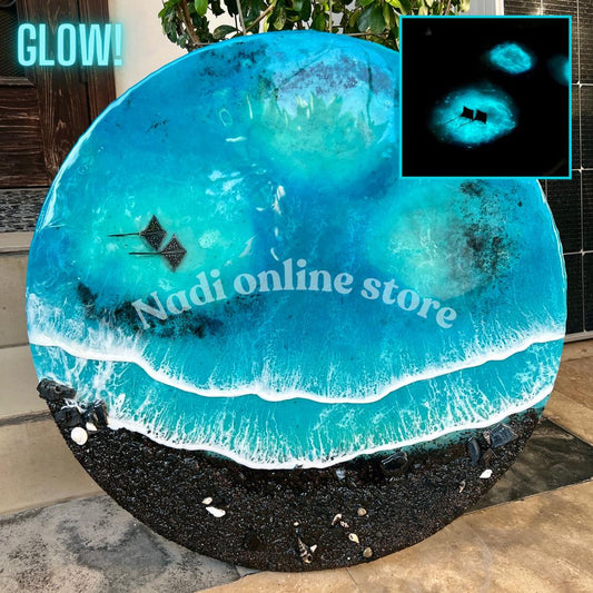 Resin ocean coffee table with metal legs, GLOW IN DARK beach themed end table, crashing waves bedside nightstand, blue epoxy beach house table
