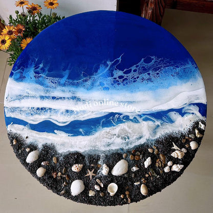 Resin ocean coffee table, blue beachy side table, custom epoxy side table, coastal waves and seashells table, round bedroom nightstand with legs
