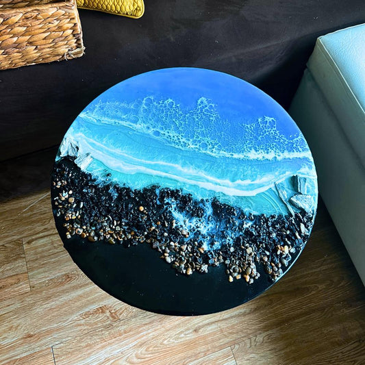 Resin ocean coffee table with metal legs, beach themed end table, crashing waves bedside nightstand, blue epoxy beach house table