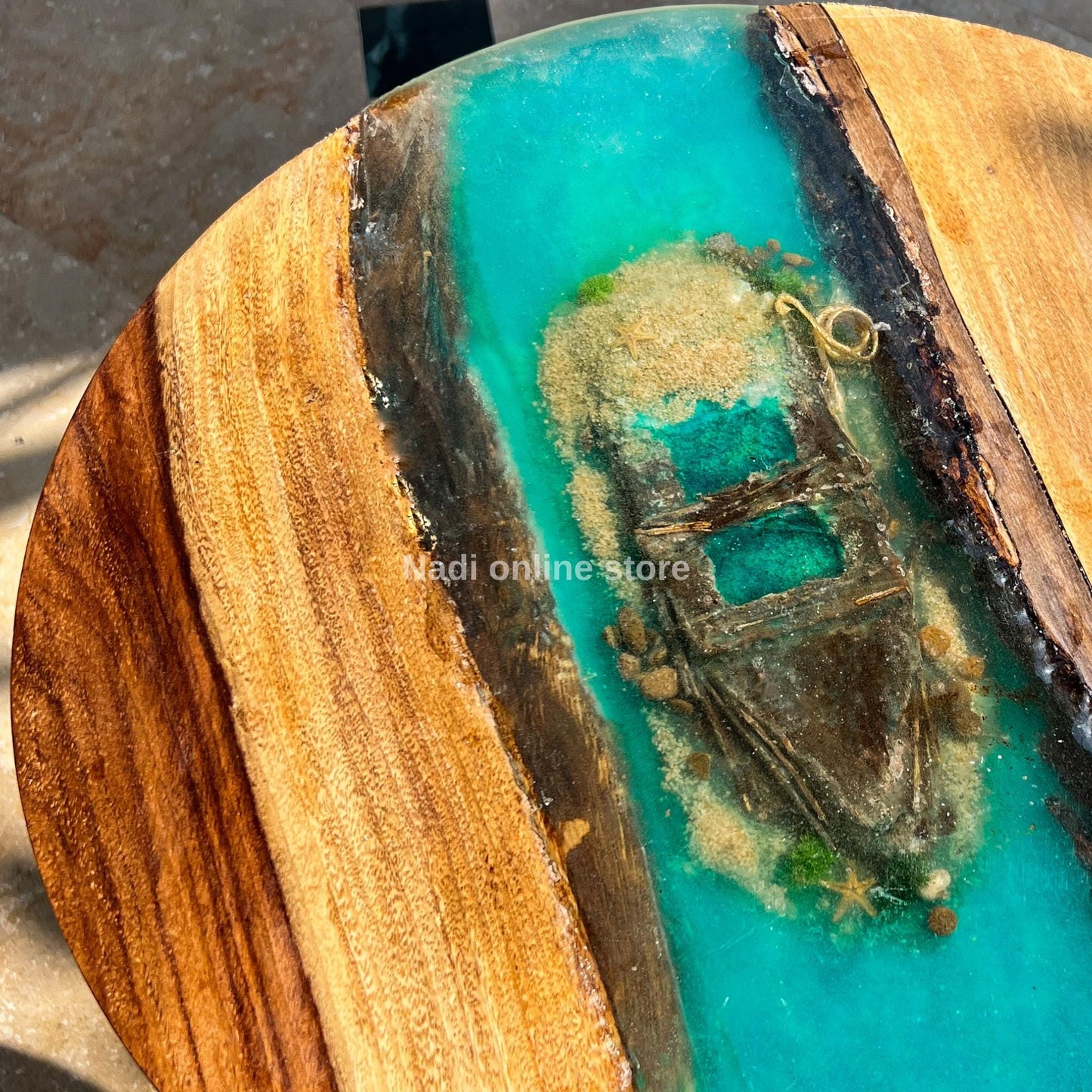 Resin Ocean Wave Coffee Table, Round Epoxy Wood Coffee Table, Live Edge Coffee Table, Ocean Decor ship wreck end table outdoor patio table