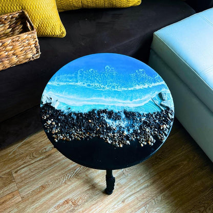 Resin ocean coffee table with metal legs, beach themed end table, crashing waves bedside nightstand, blue epoxy beach house table