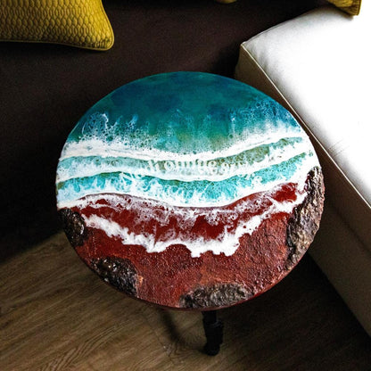Resin ocean coffee table with metal legs, coastal beach themed end table, crashing wave bedside nightstand, green round epoxy beach house table