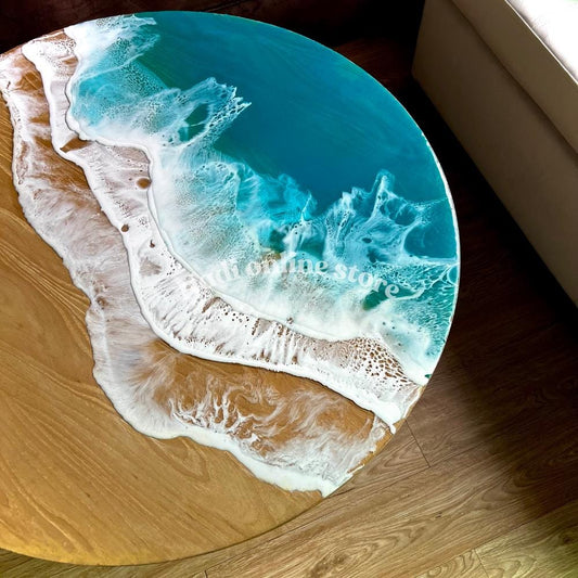 Resin ocean coffee table with metal legs, tropical beach themed end table, crashing waves bedside nightstand, blue epoxy beach house table