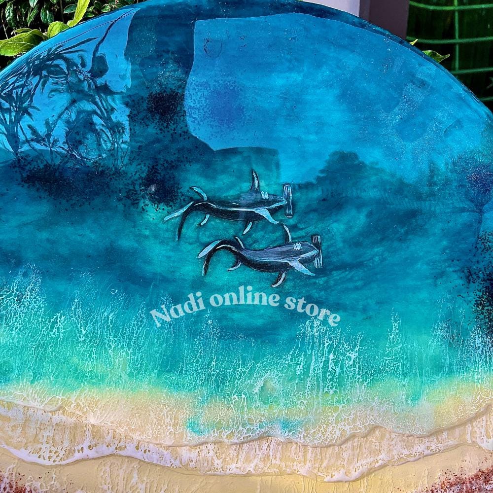 Resin ocean coffee table with metal legs, beach themed end table, crashing waves bedside nightstand, blue epoxy beach house table