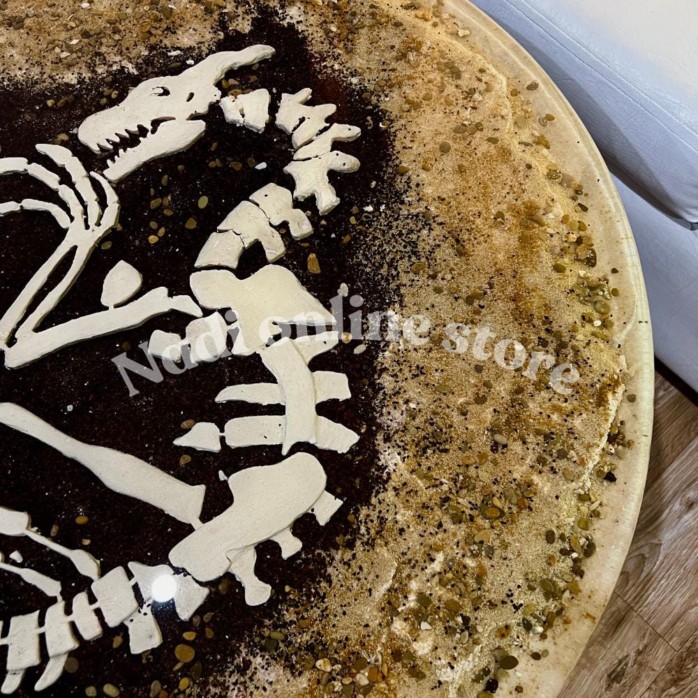 Dinosaur themed epoxy resin clear coffee table, ultra realistic fossil bedside nightstand, end table with metal legs, live edge pebble sand